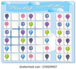 Baby Sudoku with colorful Balloons. Game for preschool kids, training logic