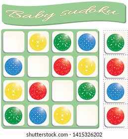 Baby Sudoku with colorful balls. Game for preschool kids, training logic