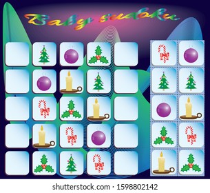 Baby Sudoku with colorful Christmas symbols. Game for preschool kids, training logic