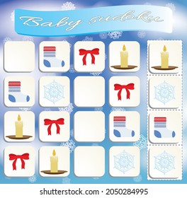 Baby Sudoku with colorful Christmas symbols. Game for preschool kids, training logic