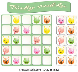 Baby Sudoku with colorful monstres images. Game for preschool kids, training logic