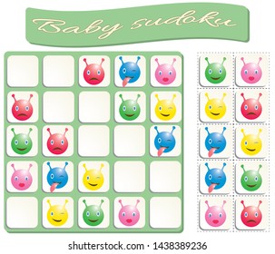 Baby Sudoku with colorful monstres images. Game for preschool kids, training logic