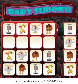 Baby Sudoku with colorful monstres images. Game for preschool kids, training logic