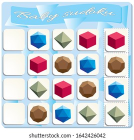 Baby Sudoku with colorful regular polyhedrons. Game for preschool kids, training logic