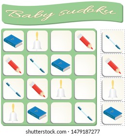 Baby Sudoku with school supplies. Game for preschool kids, training logic