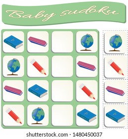 Baby Sudoku with school supplies. Game for preschool kids, training logic