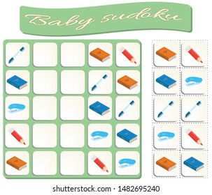 Baby Sudoku with school supplies. Game for preschool kids, training logic