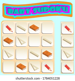 Baby Sudoku with school supplies. Game for preschool kids, training logic