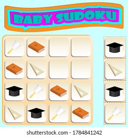 Baby Sudoku with school supplies. Game for preschool kids, training logic