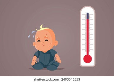 
Baby Suffering During Heat Wave Vector Cartoon Illustration. Stressed infant feeling too hut during extreme summer 
