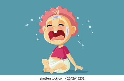 
Baby Suffering Head Injury Wearing a Medical Adhesive Vector Cartoon. Crying child feeling hurt and in pain after careless accident
