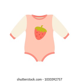 Baby suit, clothes and romper of pink color, with image of strawberry in centerpiece, childrens mode and fashion, isolated on vector illustration