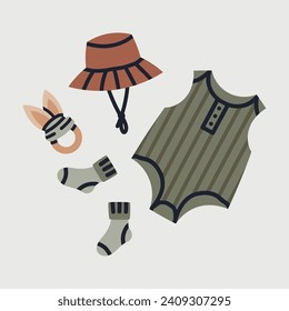 Baby summer clothes. Children warm season outfit, kids modern season clothes. Newborn child jumpsuit and panama hat flat vector illustration. Infant summer clothing