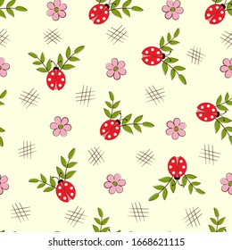 Baby summer seamless pattern with ladybugs and flowers.