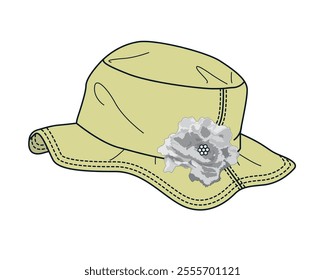 Baby sun flower hat design technical flat sketch vector mockup template.