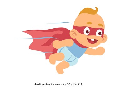 Baby superhero, little boy in red cape and mask flying. Super hero kid in diaper, justice fighter in cape speed running. Cartoon flat style isolated on white background vector concept