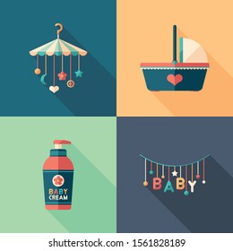 Baby supplies set of flat square icons with long shadows.