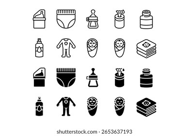 ícones de itens de suporte para bebês definidos no estilo de contorno e glifo incluem chupeta, fralda, tether, pó, óleo, sela, toalhetes, onesie e cobertor. elementos essenciais recém-nascidos.