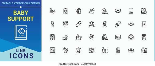 Baby Support simple icon set. Contains related to kid, newborn, baby, child and more. Babies Care icon set. Minimal icons collection. Editable stroke collections.