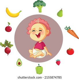 
Baby Surrounded by Fruits and Vegetables Vector Cartoon Illustration. Cheerful infant liking solid food options in diversified menu
