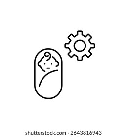 Baby swaddle and cogwheel. Parental controls, child safety settings, baby monitoring configuration, age-restricted access, kid-friendly system setup. Pixel perfect, editable stroke vector icon