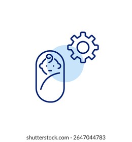 Baby swaddle and cogwheel. Parental controls, child safety settings, baby monitoring configuration, age-restricted access, kid-friendly system setup. Pixel perfect, editable stroke vector icon