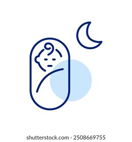 Baby swaddle and moon. Healthy infant night sleep. Pixel perfect, editable stroke icon