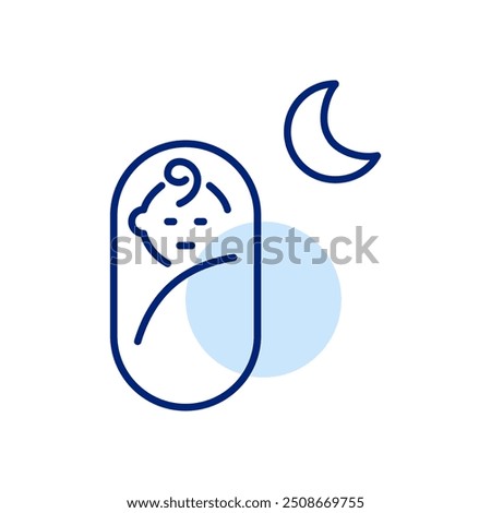 Baby swaddle and moon. Healthy infant night sleep. Pixel perfect, editable stroke icon