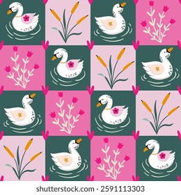 Baby Swans Checkers Vector Seamless Pattern