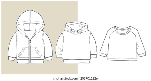 Baby sweatshirt flat sketch vector illustration. Sweatshirt design template for babies. Sketch of baby clothes