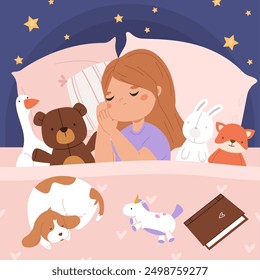 Baby sweet dream. Cute girl nap time, sleep with toys friends, book and dog. Daily routine schedule, night time rest. Toddler sleeping snugly vector scene