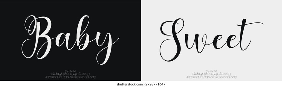 Baby Sweet, Elegant Script alfabeto fuente mayúscula minúscula y número. Diseños de moda minimalistas con letras clásicas. Tipografía moderna serif Fuentes concepto vintage decorativo regular. Ilustración vectorial