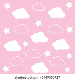 Bebé dulce Vector estrellas blancas y nubes sobre fondo rosa. Cute nana arte digital naturaleza Fondo de pantalla sin fisuras. Diseño de patrones gráficos para decoración, estampados, tarjetas, textiles, Anuncio. Estilo Unicornio.