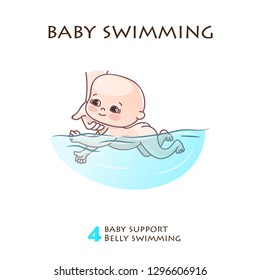 Baby swimming and child care rulesl. Infographics of infant swimming. Vector illustration of a newborn baby bathing. Baby swims in the pool.