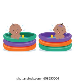 Baby swimming in kid inflatable pool, isolated on white background.