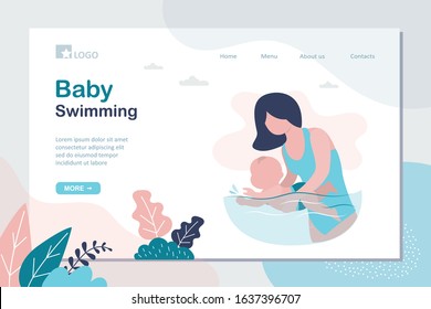 Baby swimming landing page template. Little infant child swimmer in the swimming pool, kids physical activity. Mom helps baby learn to swim. Flat trendy vector illustration