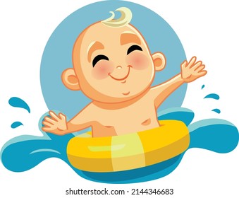 
Baby Swimming Vector Mascot Character Cartoon Illustration. Little infant learning how to swim in a pool using a life buoy
