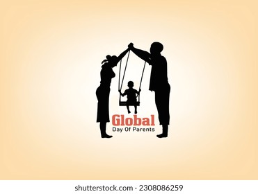 The baby is swinging in the cradle with the father and mother holding their hands representing Global Day of Parents.