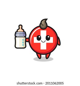 baby switzerland flag badge cartoon character with milk bottle , cute style design for t shirt, sticker, logo element