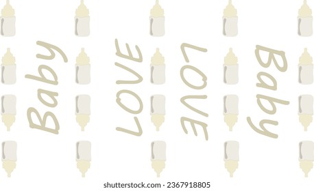 Baby symbol set. Baby's attributes collection. Stroller, pacifier, feeding bottle, diaper. Vector illustration text baby love