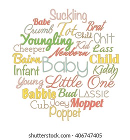 'Baby' synonyms for baby shower party. Vector words collage.