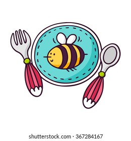 Baby tableware with a cute bee - plate, spoon and fork, bright vector children illustration  isolated on white