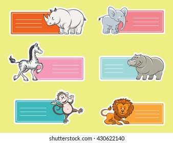 Baby tags with wild animals lion elephant hippo zebra monkey vector