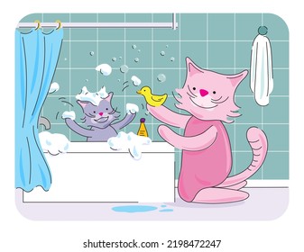 Baby take a bath with foam and play with mum. Kitty and mother cat in bathroom