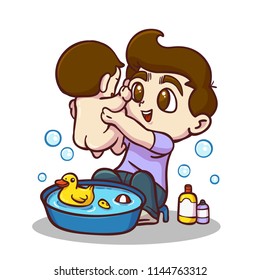 Baby take a shower with father, Cartoon vector illustration .