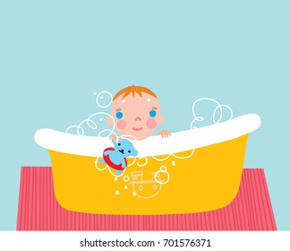 Baby taking a bath with foam. Vector illustration.
