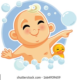 Baby Taking a Bath with Rubber Duck Vector Cartoon. Funny little infant enjoying bathing playing with soap bubble
