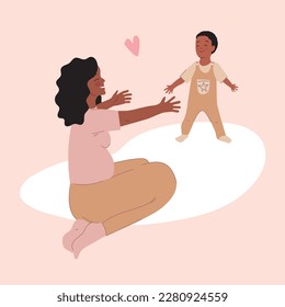 Baby taking first steps. Illustration of toddler boy try to walking. Mom rejoices at the first steps of her little son. Mother's day. Concept of family, motherhood. African american family