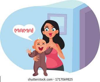 Baby Taking First Steps Saying Mama Vector Illustration. Mom helping her child standing up in proud emotional moment
