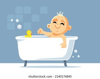 
Baby Talking a Bath with Rubber a Duck Vector Cartoon Illustration. Little infant sitting in the bathtub enjoying cleaning time with his favorite toy
